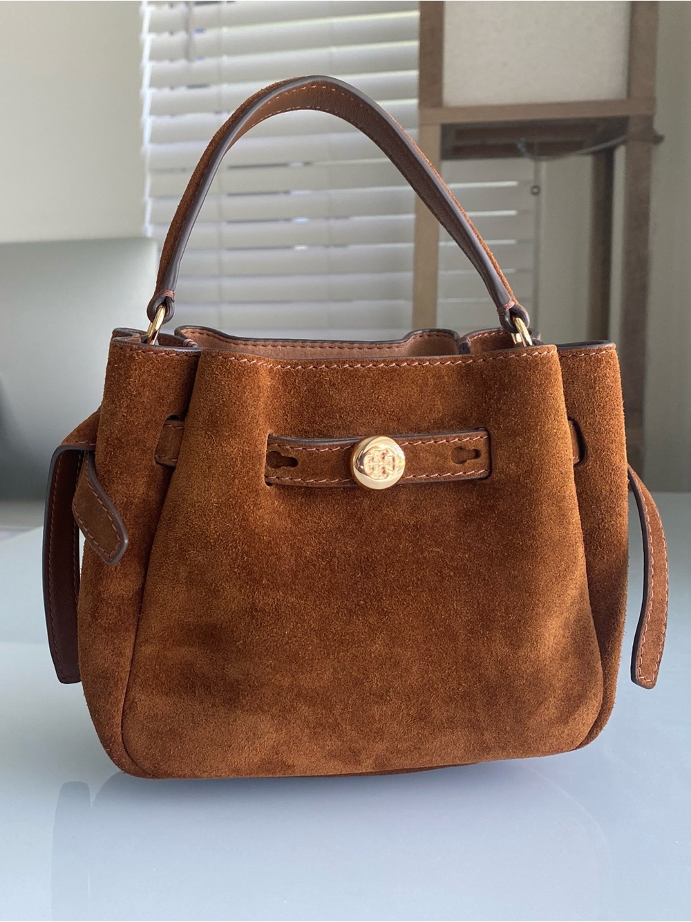 Tory Burch Chestnut Brown Suede Mini Bucket Bag